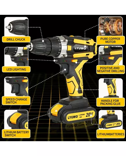 LYUWO 21V 10mm Cordless Drill Rechargeable Electric Screwdriver Lithium Battery Household Multi function 2 Speed Power