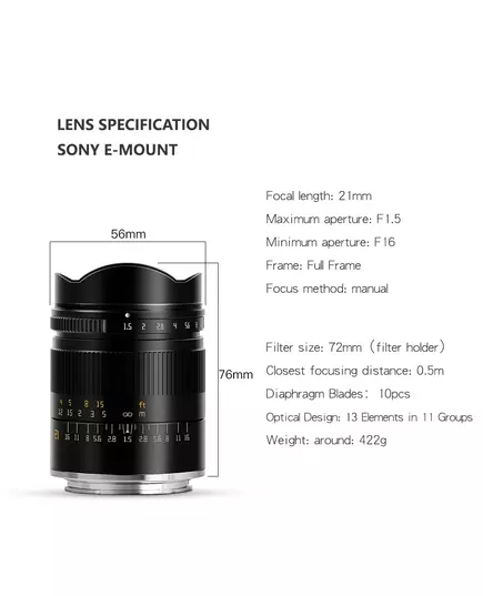 TTArtisan 21mm F1 5 Full Frame Camera Lens for Sony E Canon RF Nikon Z Sigma