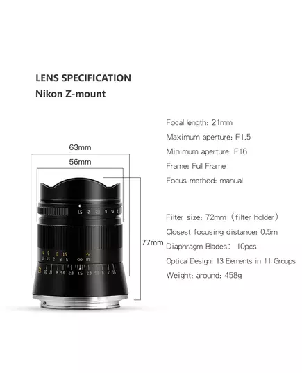 TTArtisan 21mm F1 5 Full Frame Camera Lens for Sony E Canon RF Nikon Z Sigma