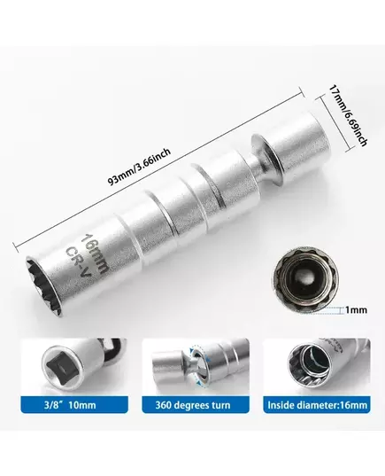 Spark Plug Socket Wrench Adapter 14mm16mm Set Universal Joint with Magnetic Flexible Socket Thin Wall 3